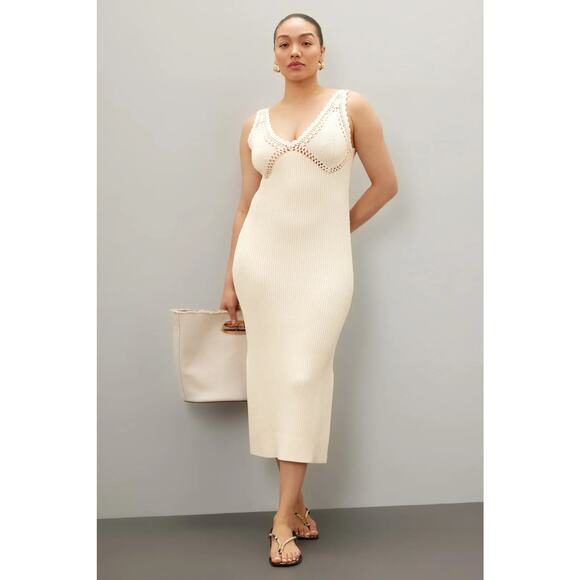Derek‎ Lam Crochet Knit Midi Dress Ivory Sleeveless V-Neck Side Slit Sz XL - Picture 1 of 12